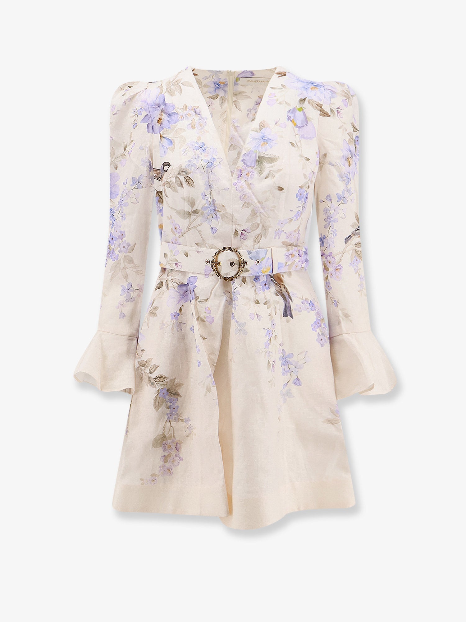 Zimmermann Luna Short Linen Dress With Songbird Print