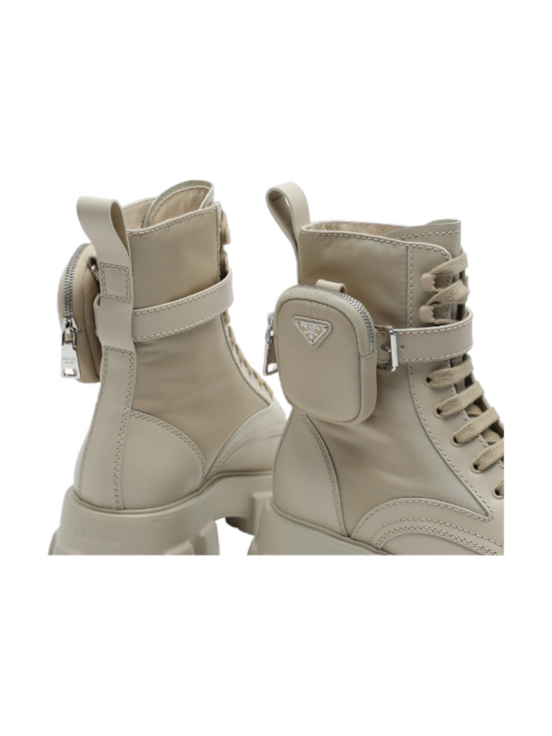 Prada Beige Brushed Leather and Nylon Combat Boots