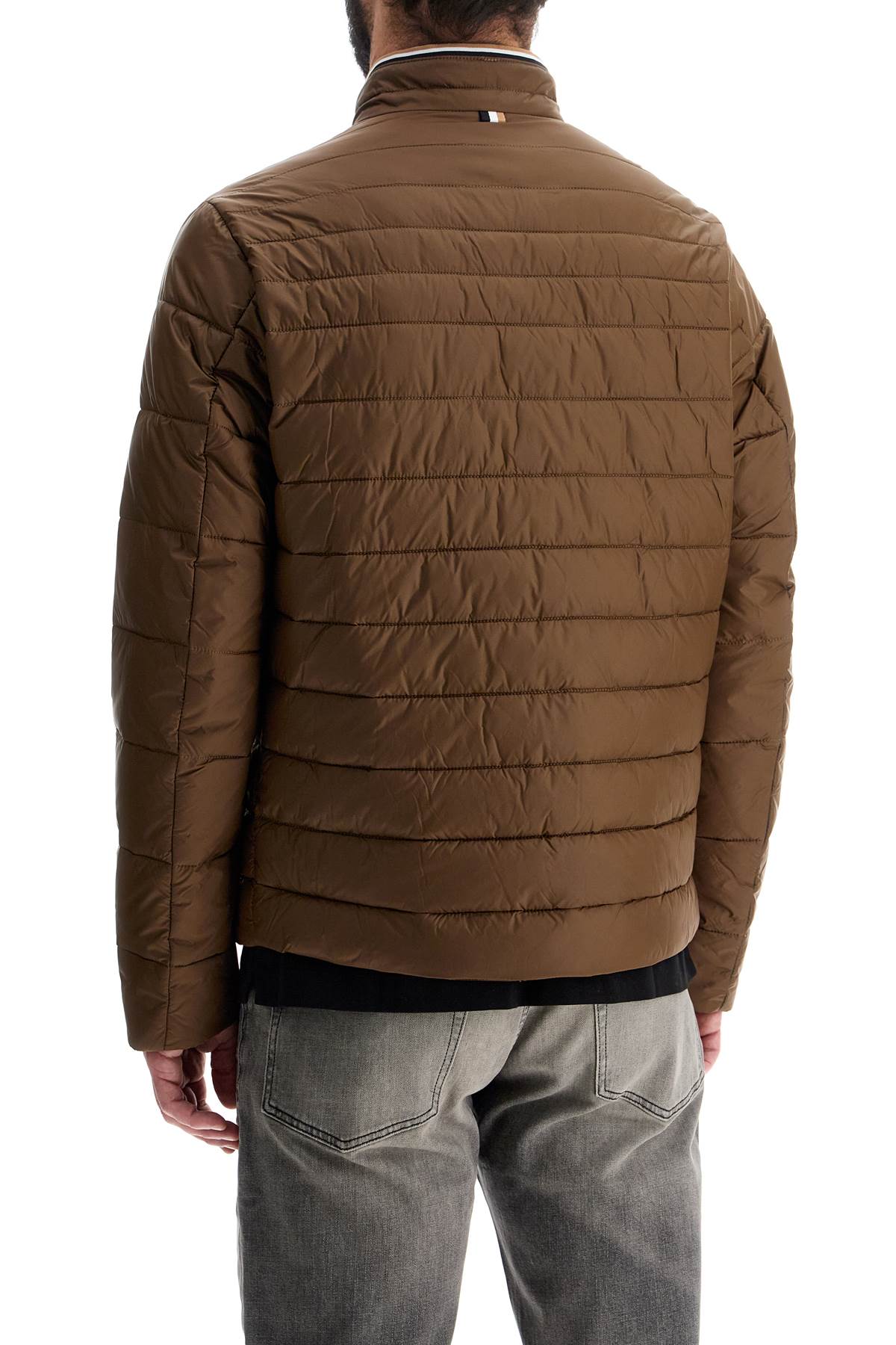 Boss Green Striped Slim Down Jacket With High Collar