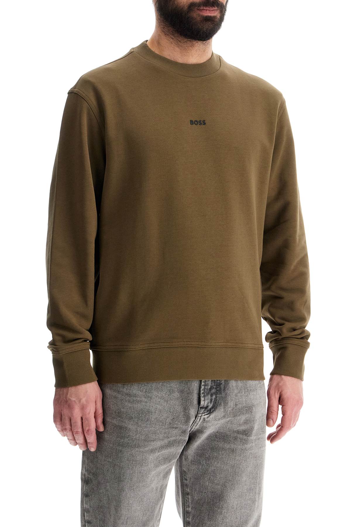 Boss Men'S Long Sleeve Crew Neck Sweatshirt Olive Green Cotton