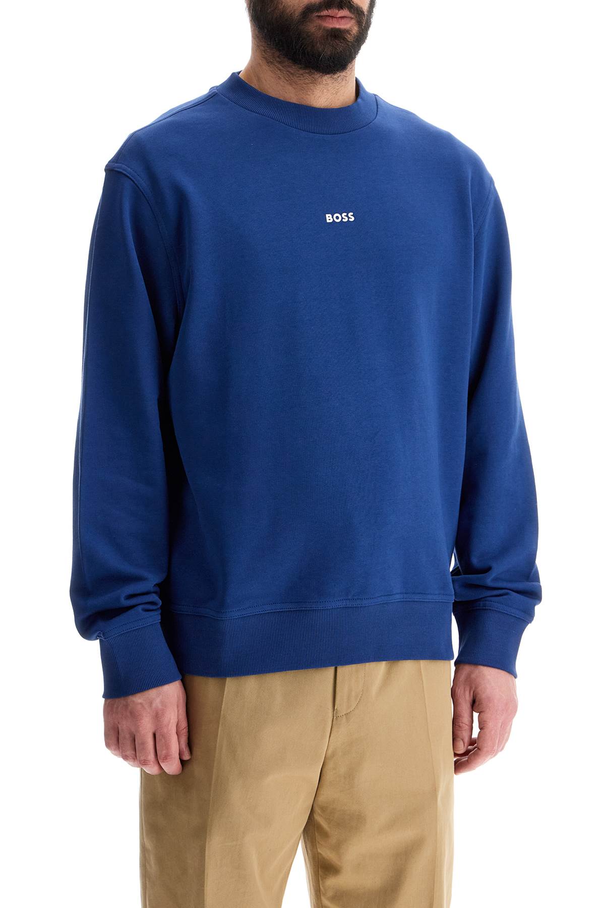 Boss Men'S Crew Neck Cotton Sweatshirt Blue Long Sleeves