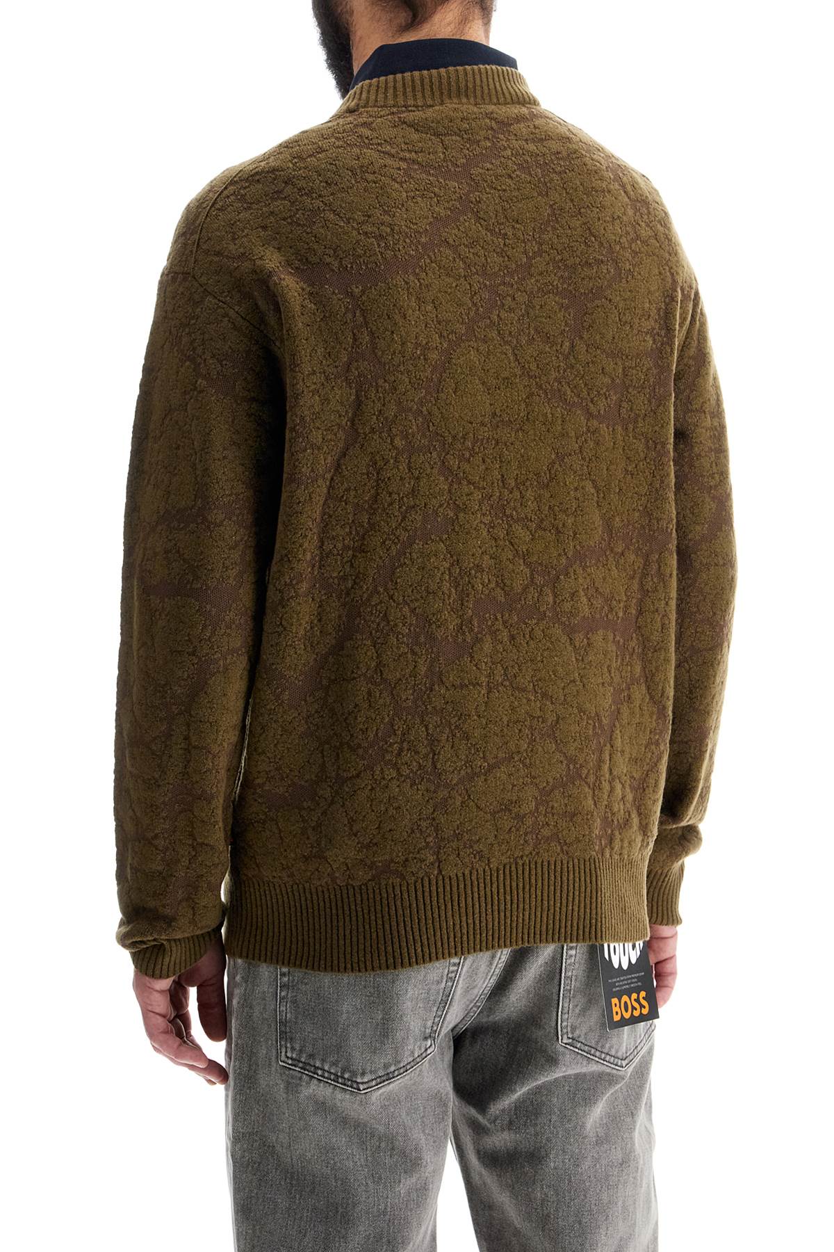 Boss Olive Green Wool Sweater With Round Neck For Men