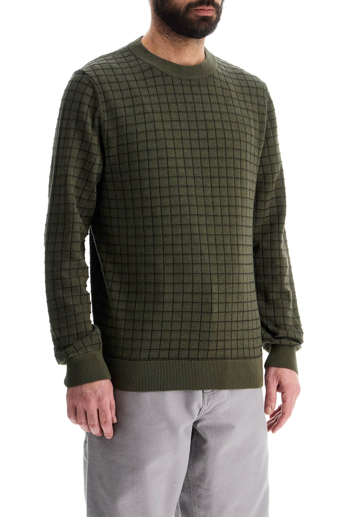 Hugo Dark Green Checkered Cotton Sweater With Long Sleeves