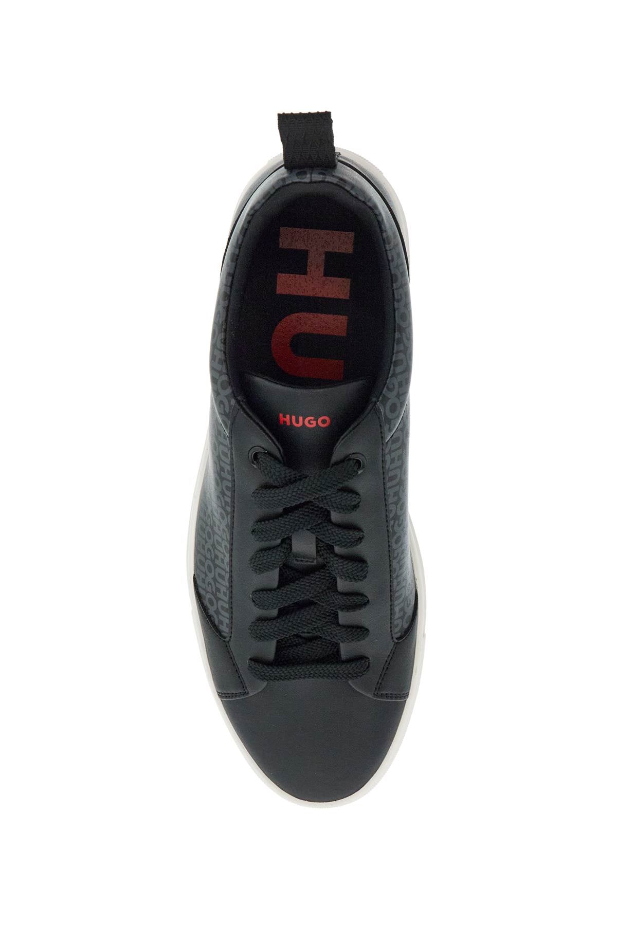 Hugo Men'S Black Leather Sneakers With Gray Logo And White Sole - Contemporary Style