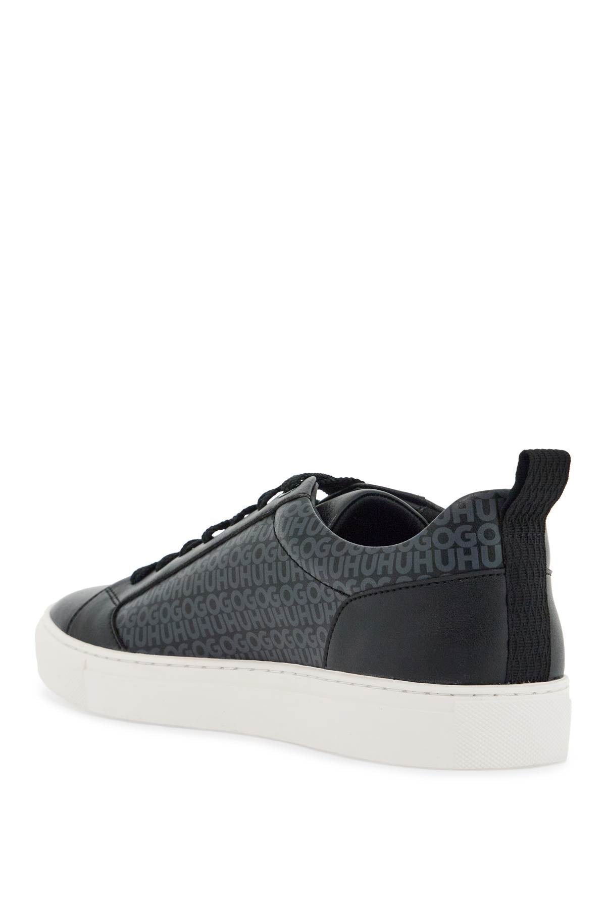 Hugo Men'S Black Leather Sneakers With Gray Logo And White Sole - Contemporary Style