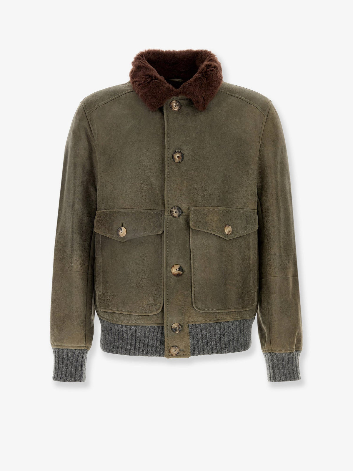 Brunello Cucinelli Waxed Shearling Bomber Jacket With Shearling Collar