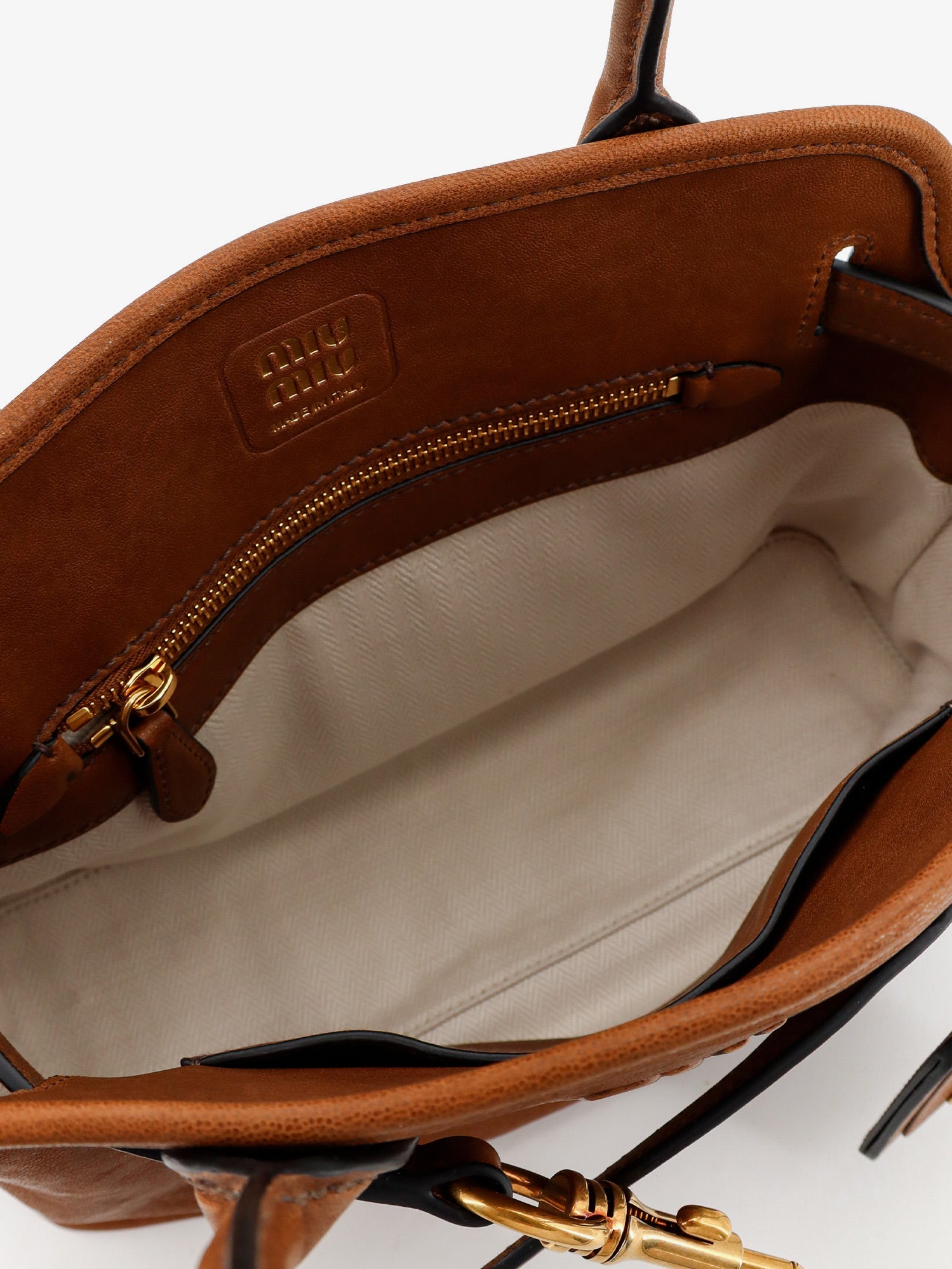 Miu Miu Aventure Leather Handbag With Embossed Lettering Logo