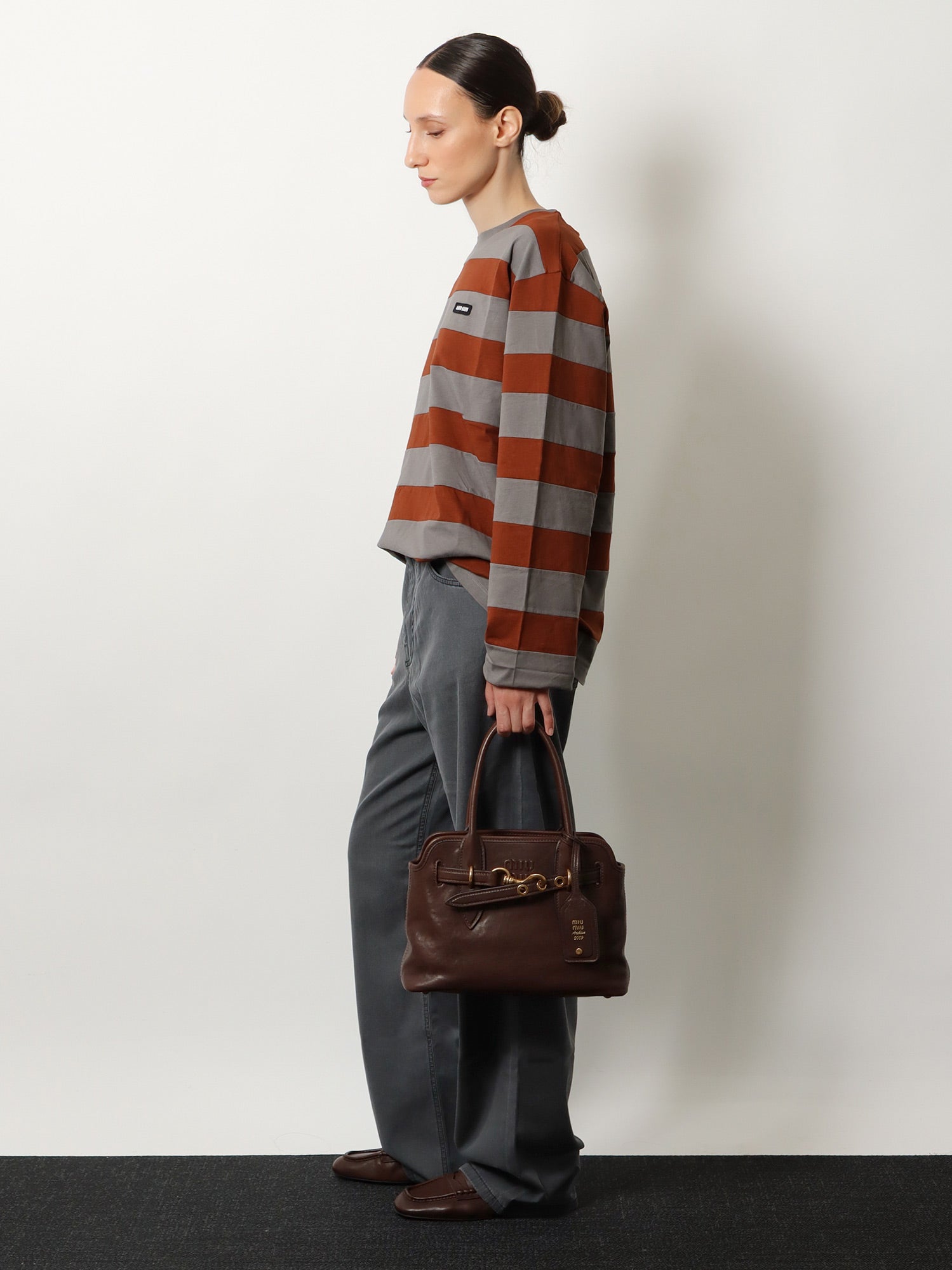 Miu Miu Aventure Leather Handbag With Embossed Lettering Logo
