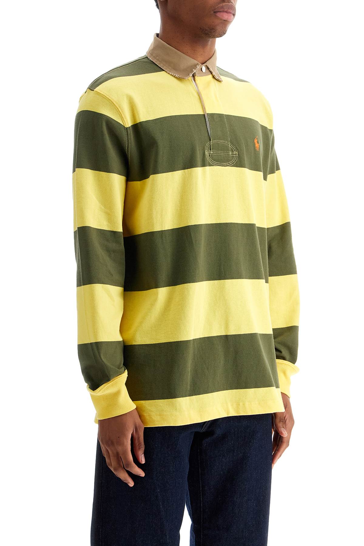 Polo Ralph Lauren Olive Green And Yellow Striped Cotton Polo