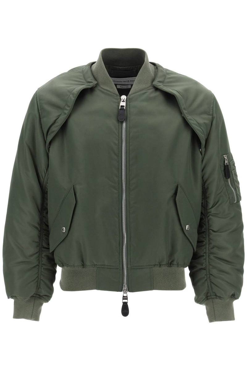 Alexander McQueen Convertible Bomber Jacket In Nylon Satin Khaki