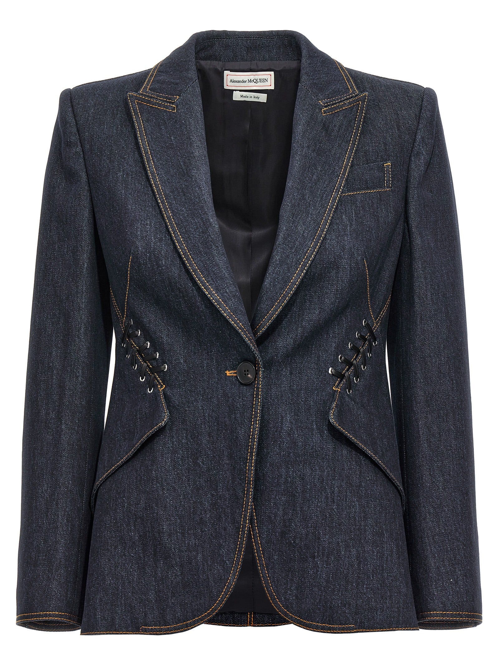 Alexander Mcqueen Lace Up Single-Breasted Denim Blazer