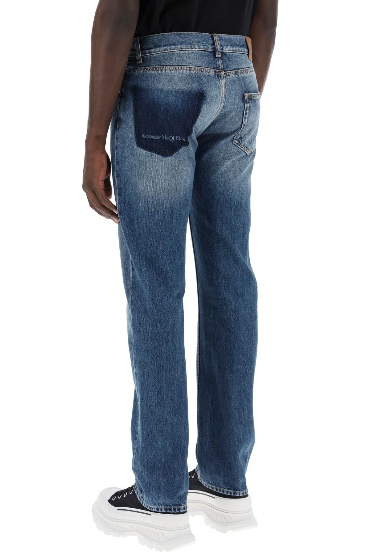 Alexander McQueen Straight Leg Jeans With Faux Pocket On The Back Blue