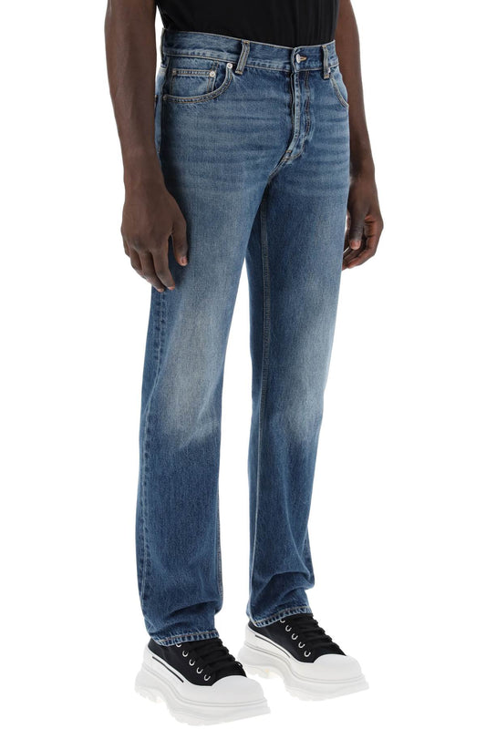 Alexander McQueen Straight Leg Jeans With Faux Pocket On The Back Blue