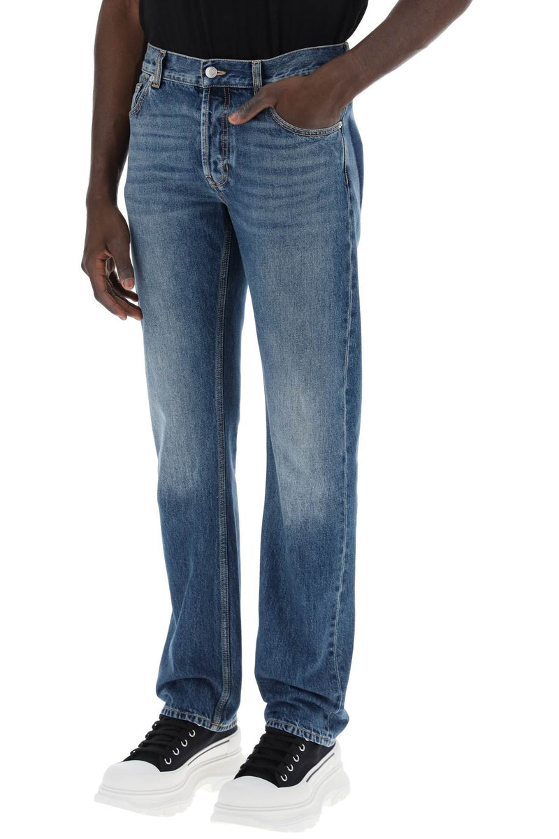 Alexander McQueen Straight Leg Jeans With Faux Pocket On The Back Blue