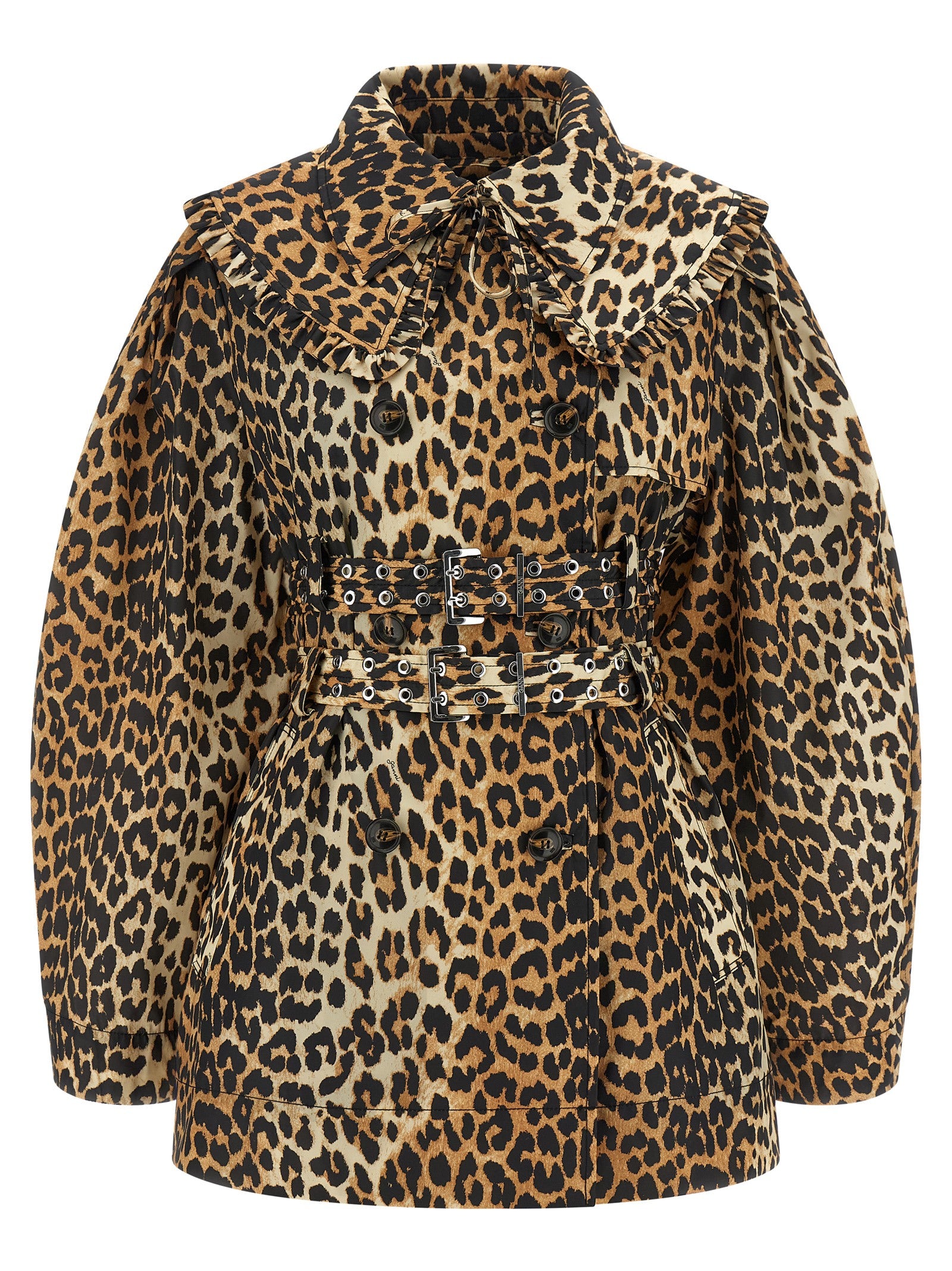 Ganni 'Leopard Duchesse Nylon Short' Trench Coat