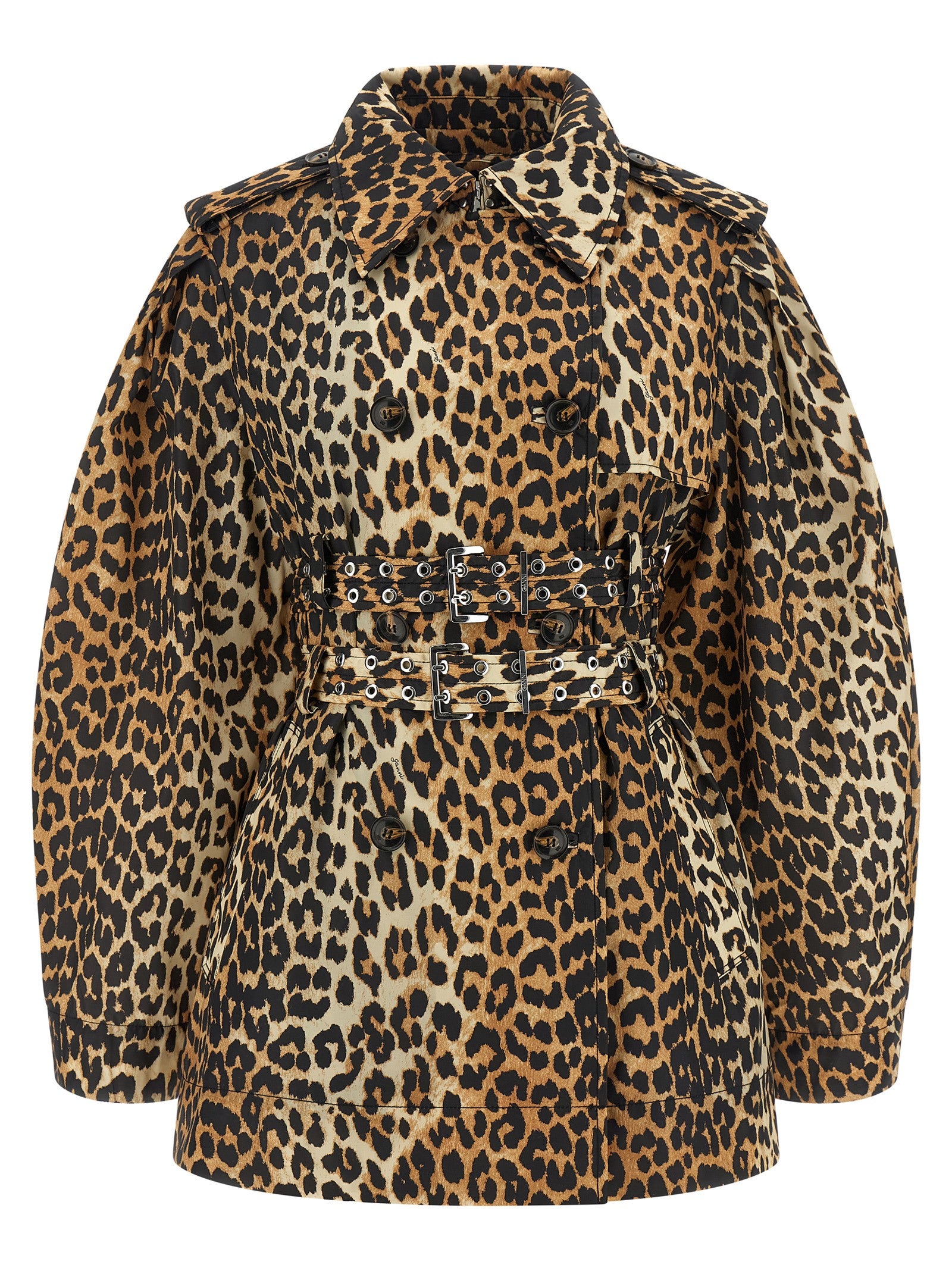 Ganni 'Leopard Duchesse Nylon Short' Trench Coat