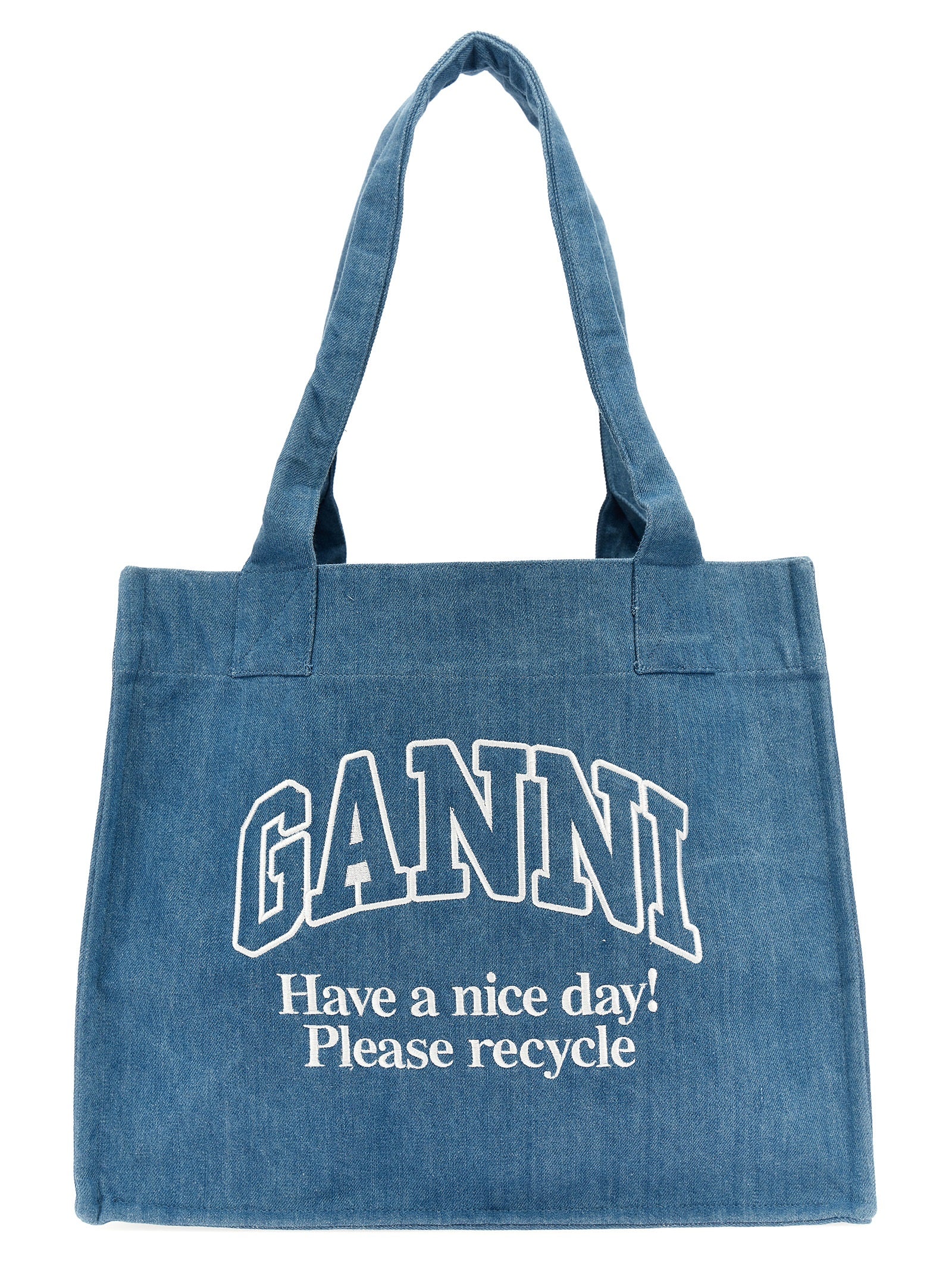 Ganni Logo Embroidery Denim Shopping Bag