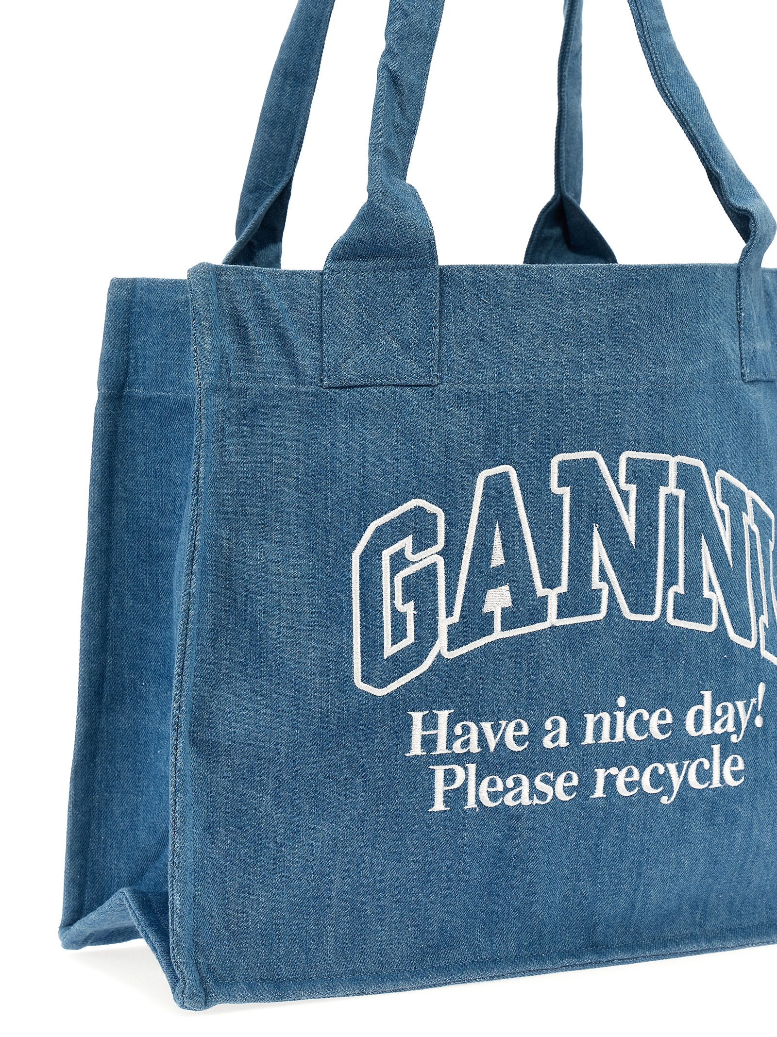 Ganni Logo Embroidery Denim Shopping Bag