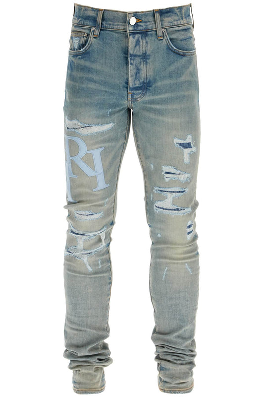 Amiri Leather Logo Jeans With Eight Words Blue