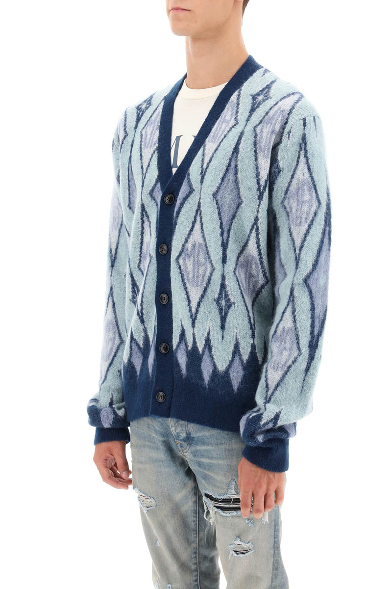 Amiri Argyle Bruhed-Yarn Cardigan Blue