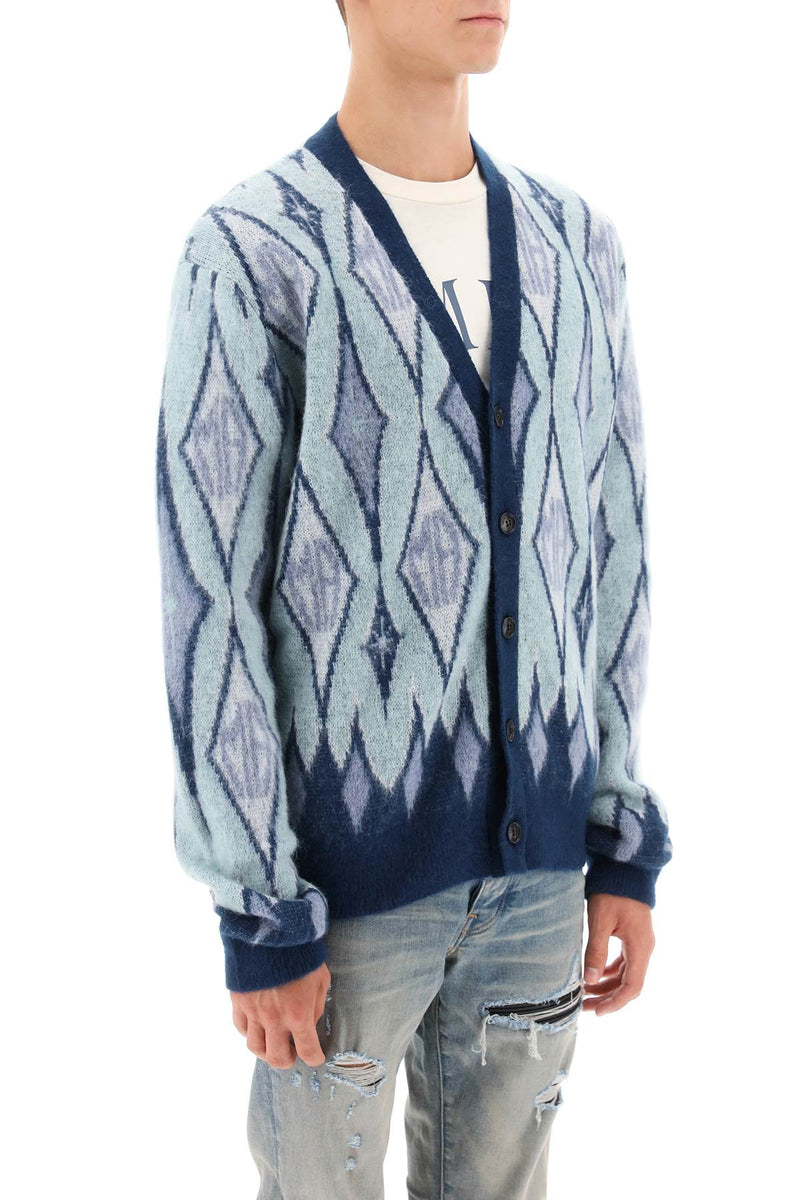 Amiri Argyle Bruhed-Yarn Cardigan Blue