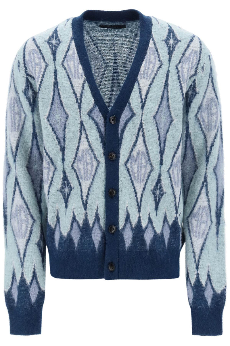 Amiri Argyle Bruhed-Yarn Cardigan Blue