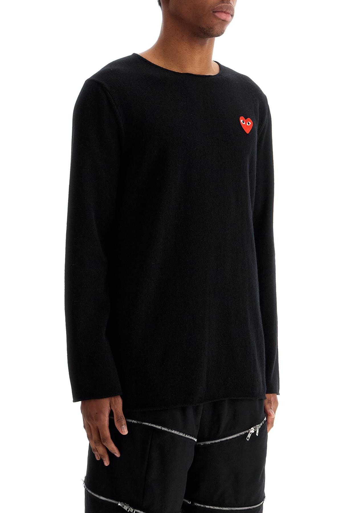 Comme Des Garcons Play Black Wool Sweater With Red Heart Logo And Wide Neck