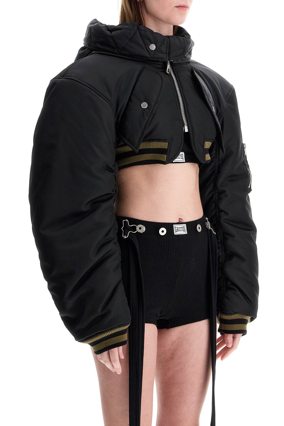 Jean Paul Gaultier Cropped Black Nylon Padded Bomber Jacket With Hood