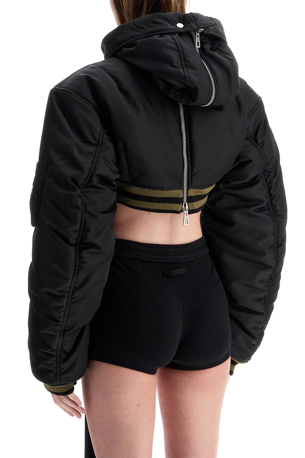 Jean Paul Gaultier Cropped Black Nylon Padded Bomber Jacket With Hood