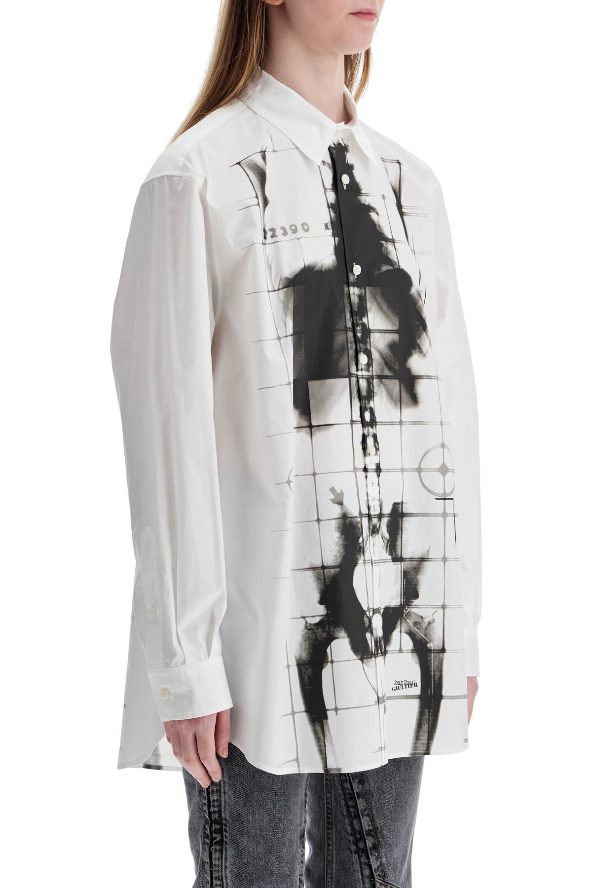 Jean Paul Gaultier White Cotton Shirt With Skeleton Print Front And Back