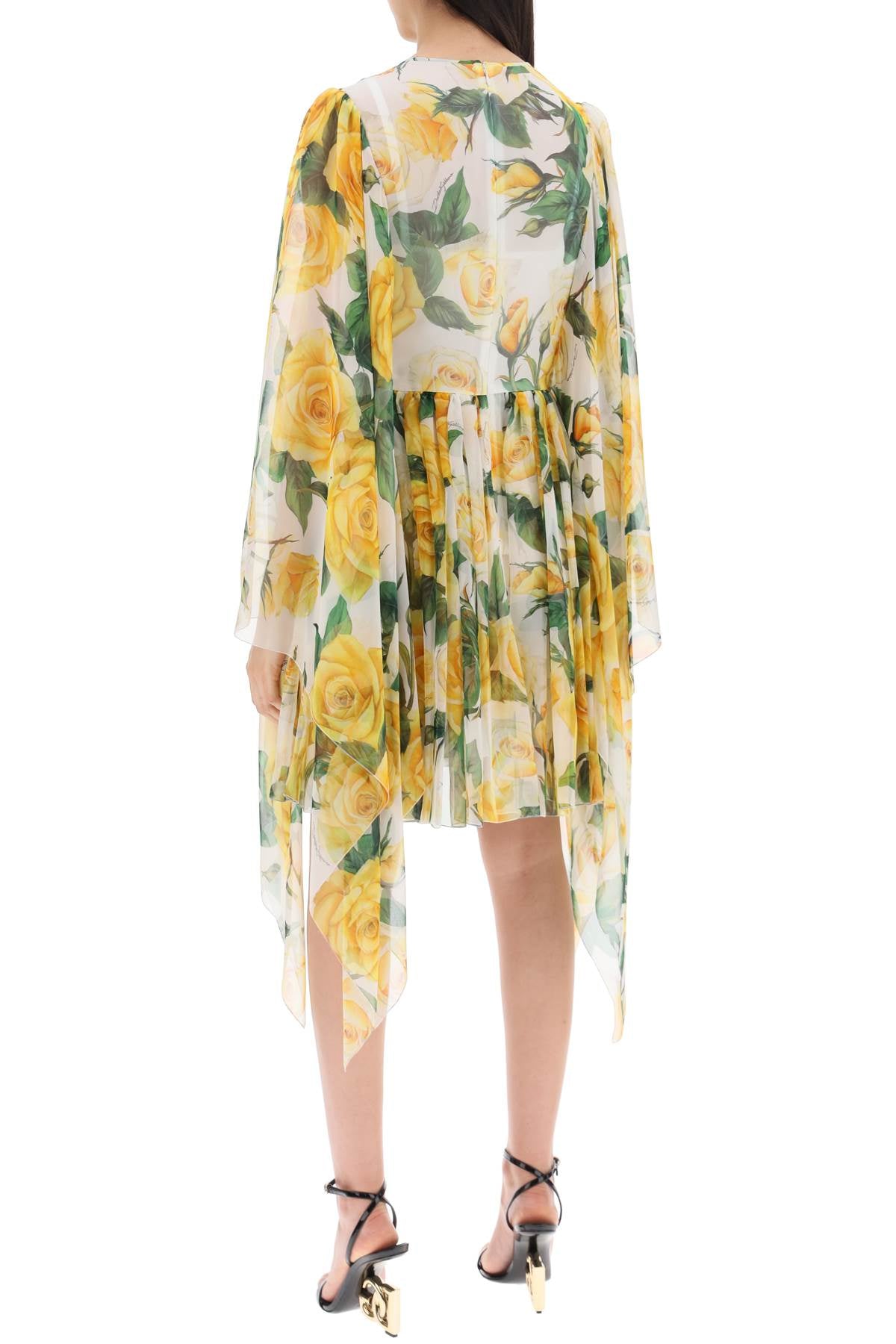 Dolce & Gabbana Short Silk Chiffon Dress With Yellow Rose Print