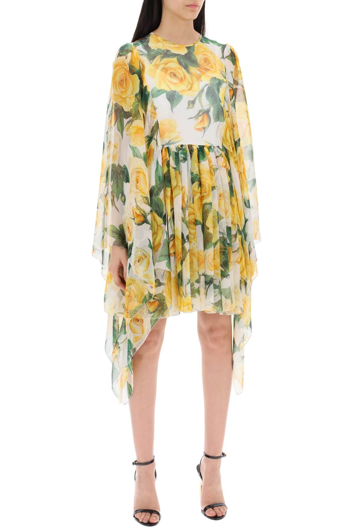 Dolce & Gabbana Short Silk Chiffon Dress With Yellow Rose Print