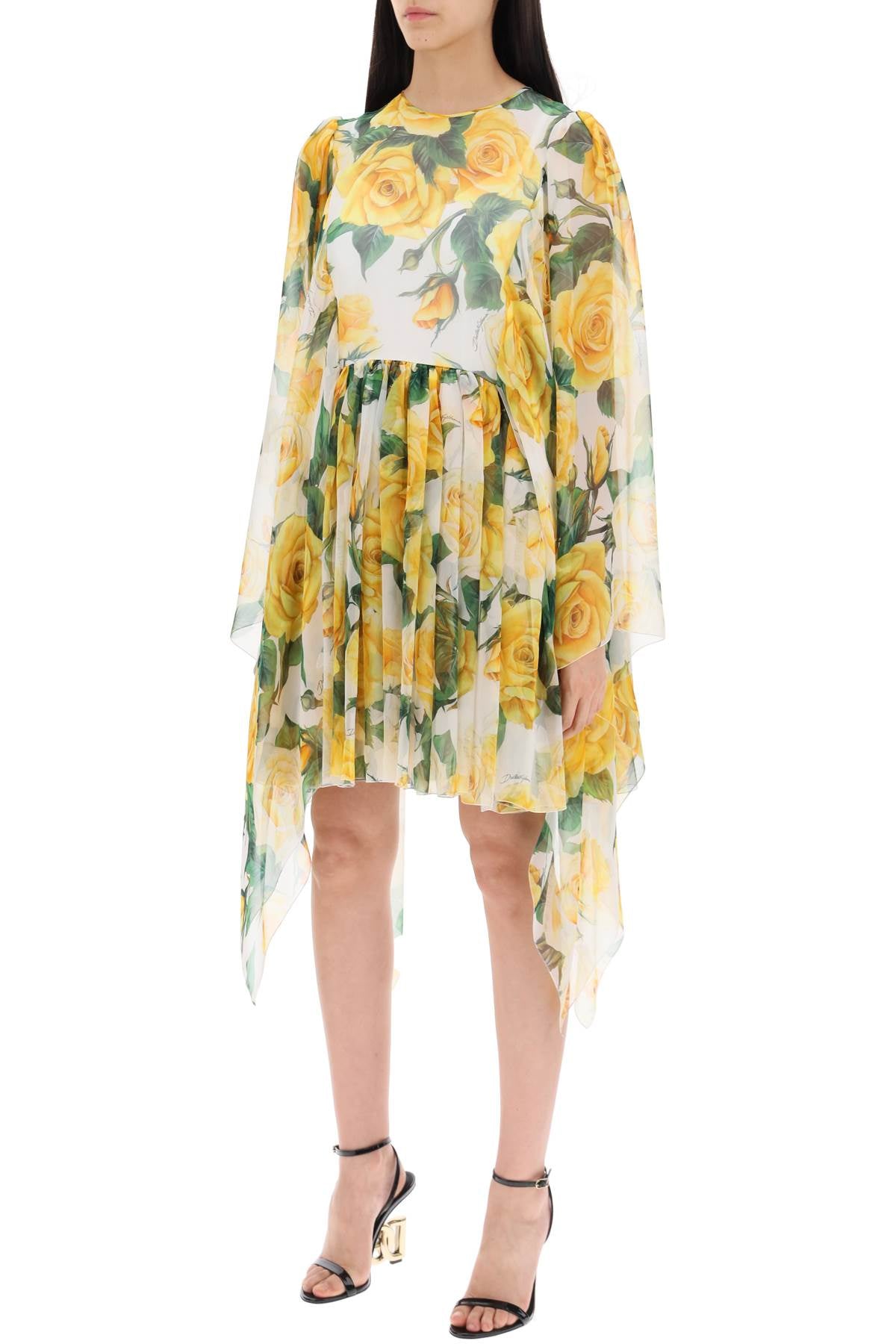 Dolce & Gabbana Short Silk Chiffon Dress With Yellow Rose Print