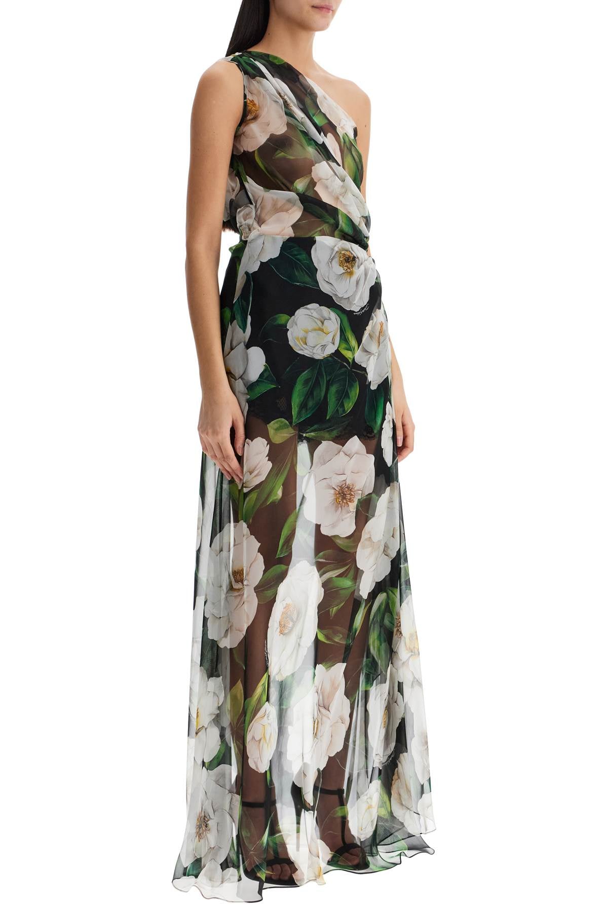 Dolce & Gabbana Long One-Shoulder Floral Silk Dress