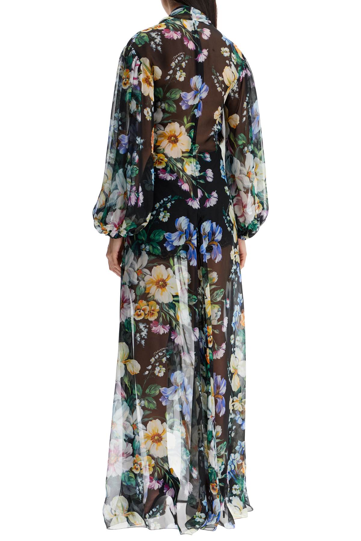 Dolce & Gabbana Long Black Silk Dress With Floral Pattern