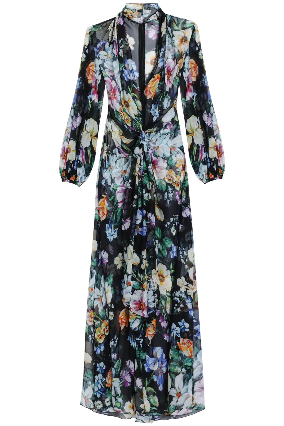 Dolce & Gabbana Long Black Silk Dress With Floral Pattern