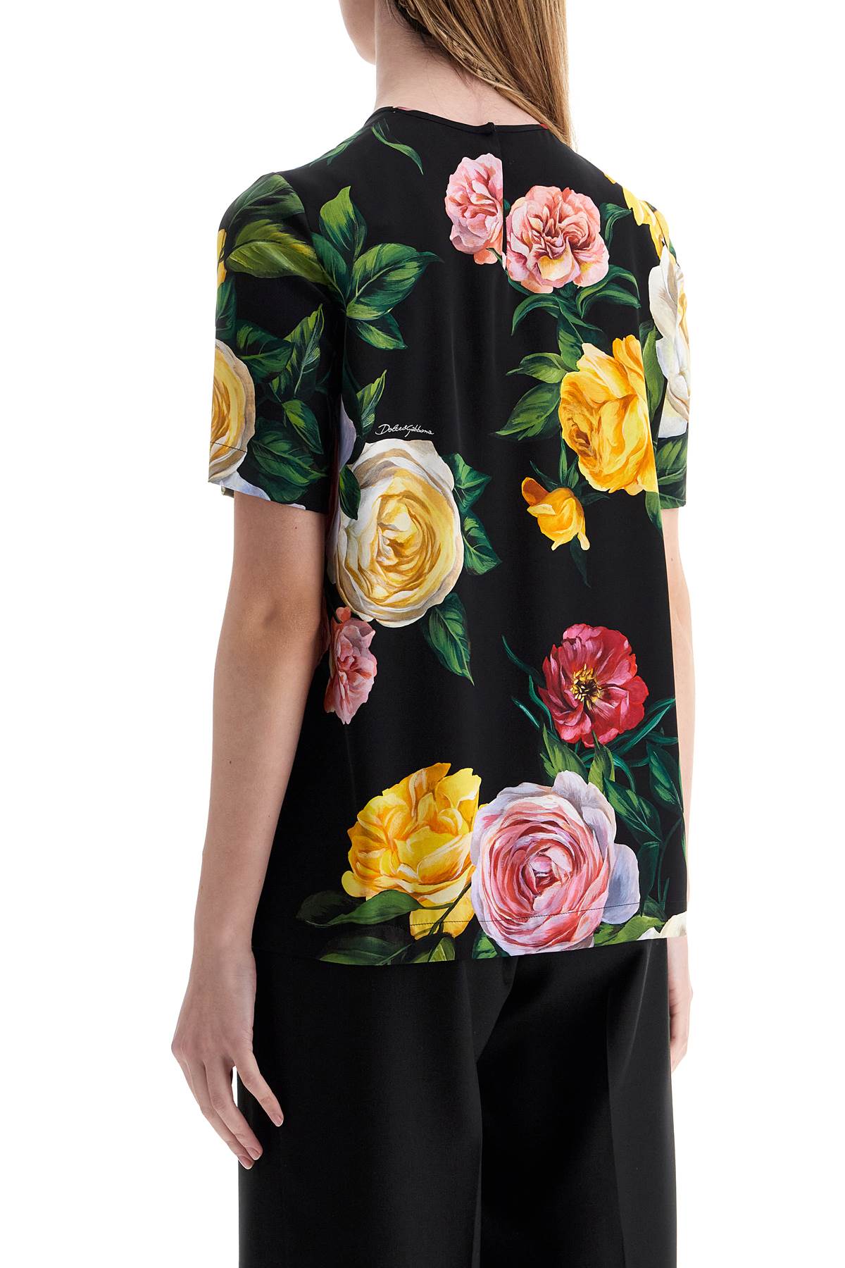 Dolce & Gabbana Black Silk T-Shirt With Floral Print