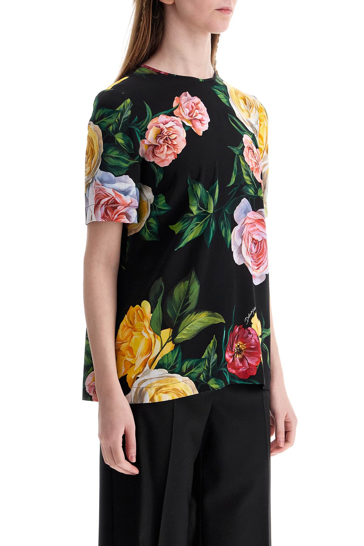 Dolce & Gabbana Black Silk T-Shirt With Floral Print