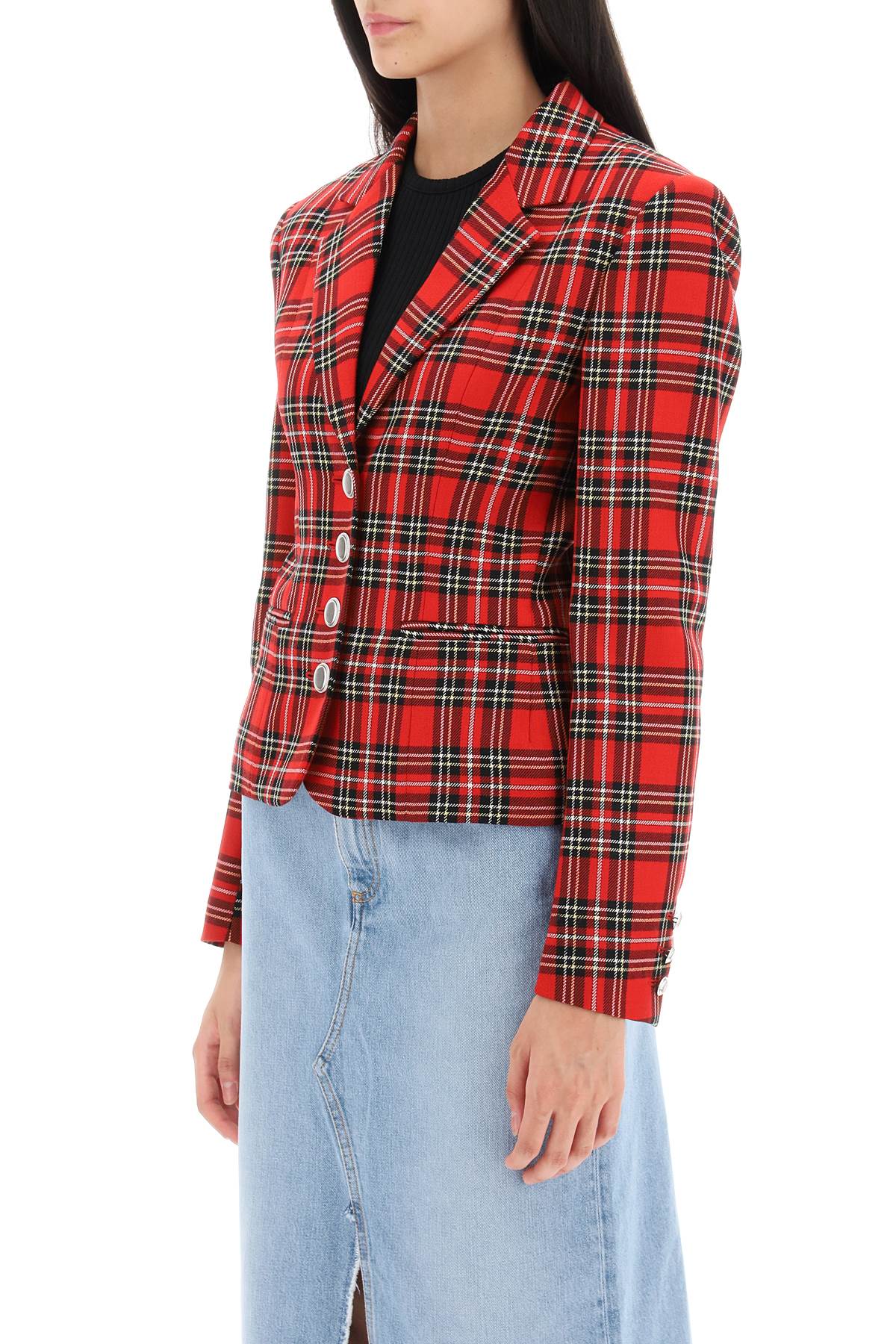 Alessandra Rich Wool Single-Breasted Jacket With Tartan Motif