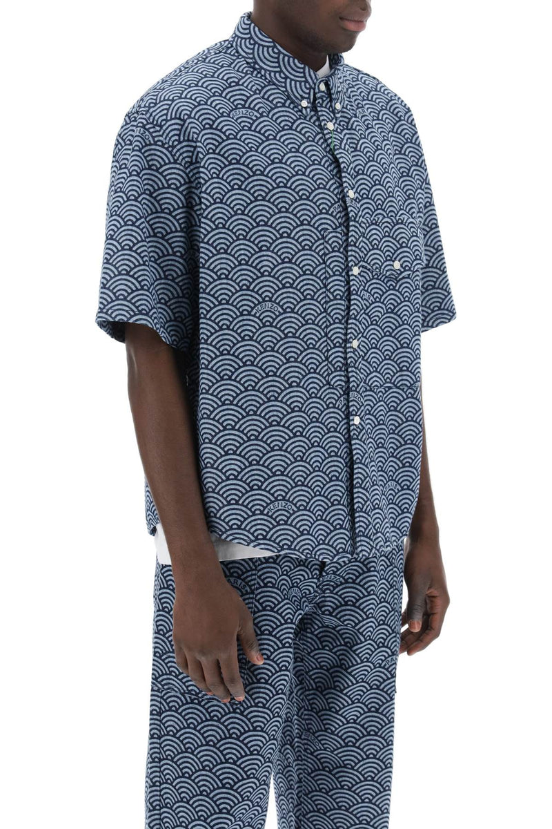 Kenzo Seigaiha Short-Sleeved Denim Shirt Blue