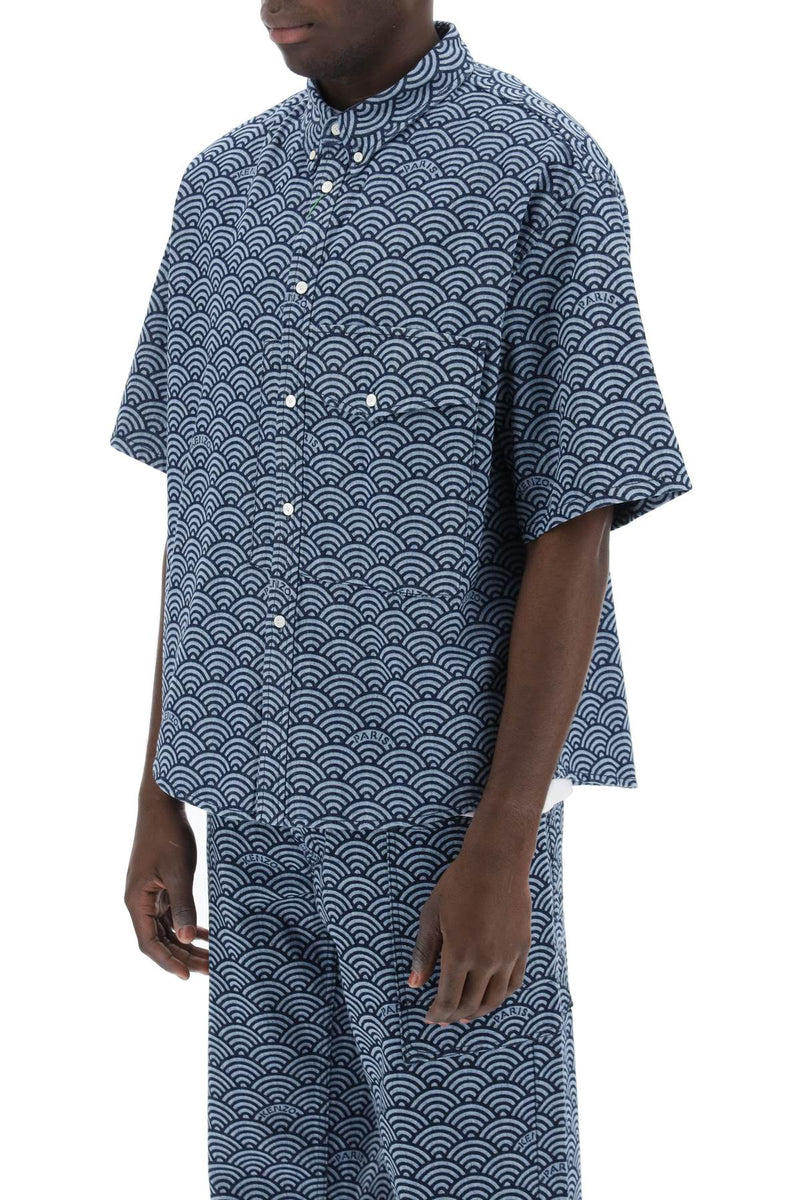 Kenzo Seigaiha Short-Sleeved Denim Shirt Blue