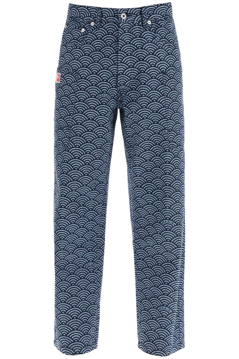 Kenzo Monkey Workwear Jeans With Seigaiha Print Blue