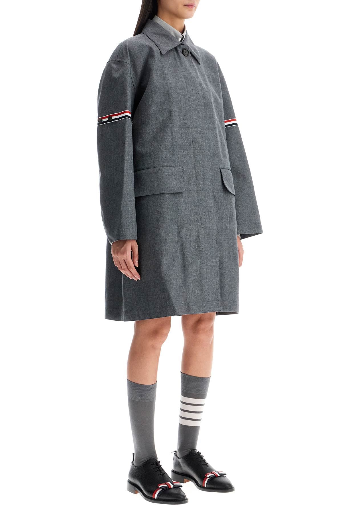 Thom Browne Waterproof Technical Wool Coat With Rwb Stripes