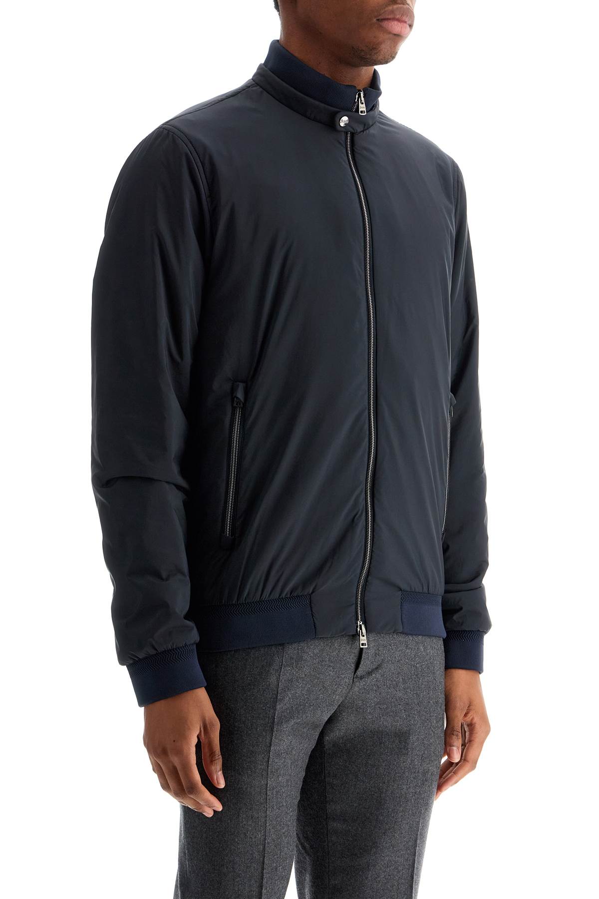 Herno Bomber Impermeabile Leggero In Poliammide Blu Scuro Con Zip E Tasche