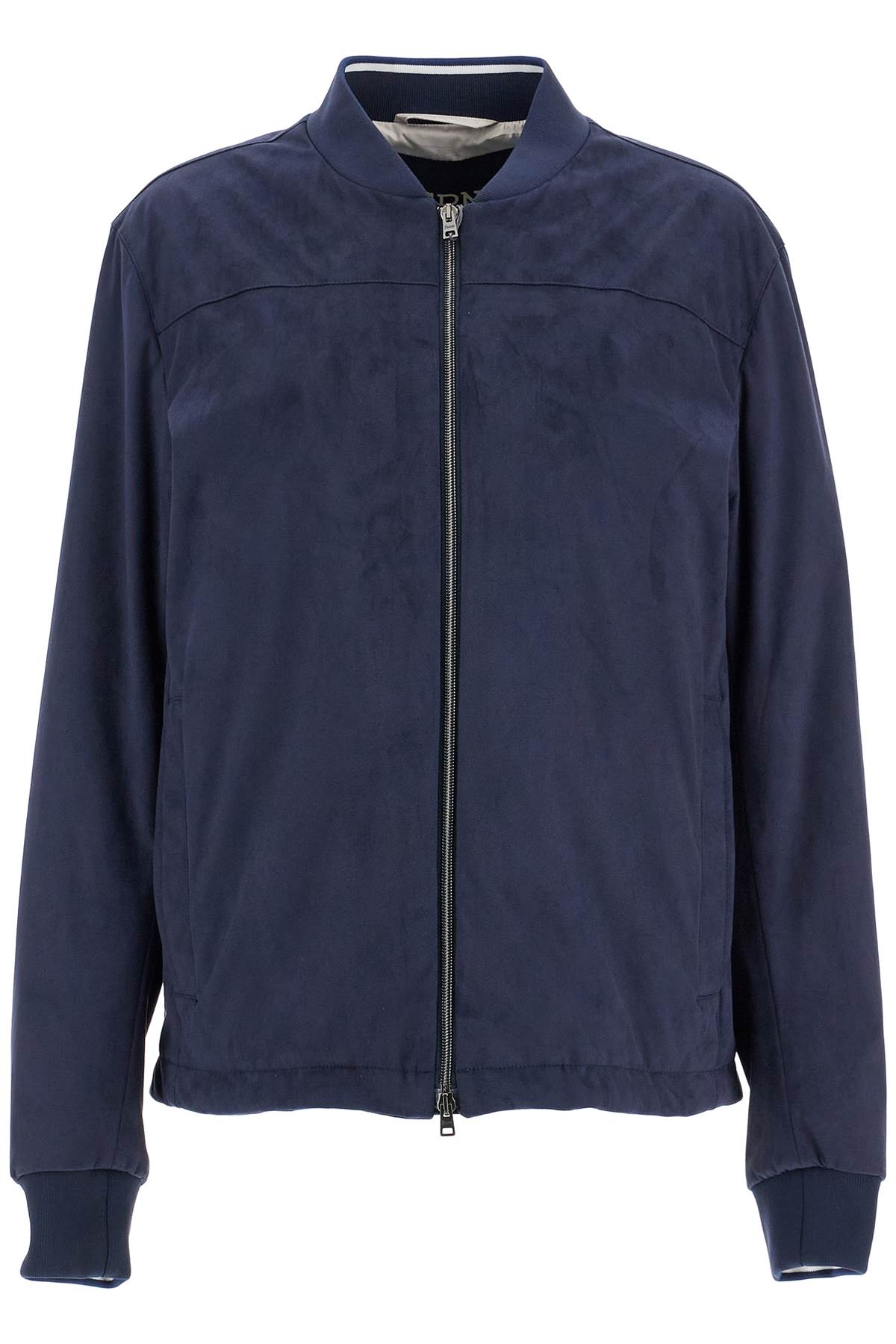 Herno Dark Blue Suede Bomber With Mandarin Collar