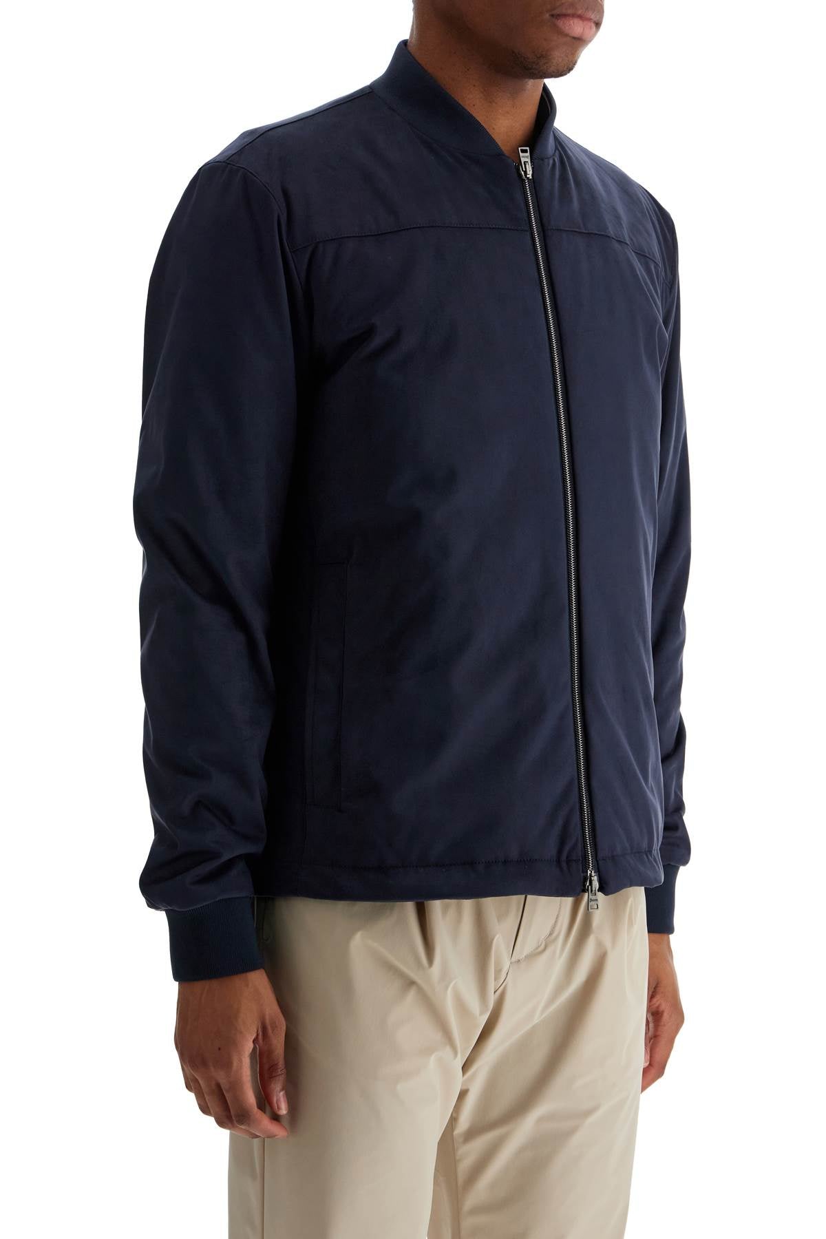 Herno Dark Blue Suede Bomber With Mandarin Collar