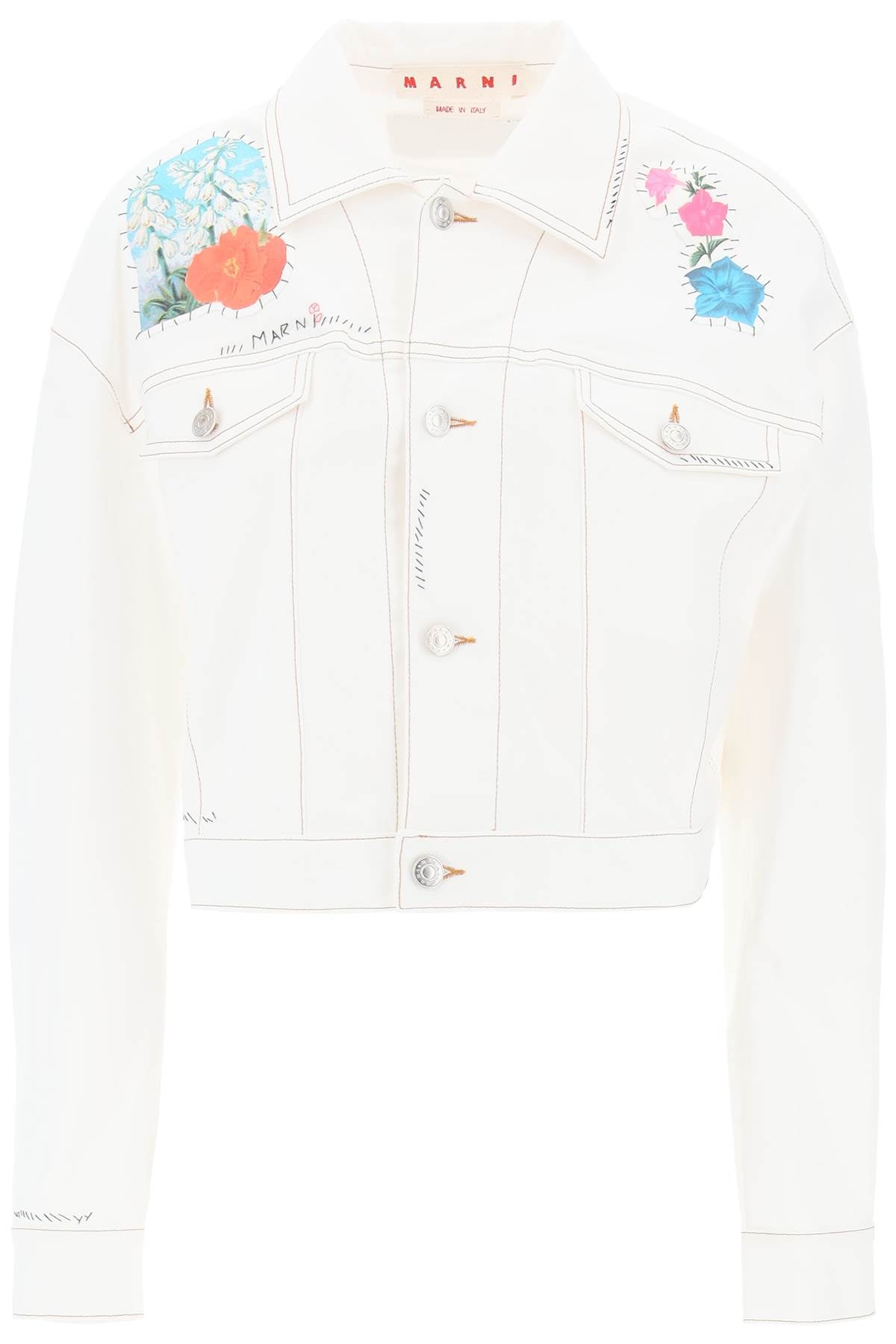 Marni Cropped Denim Jacket With Flower Patches And Embroidery