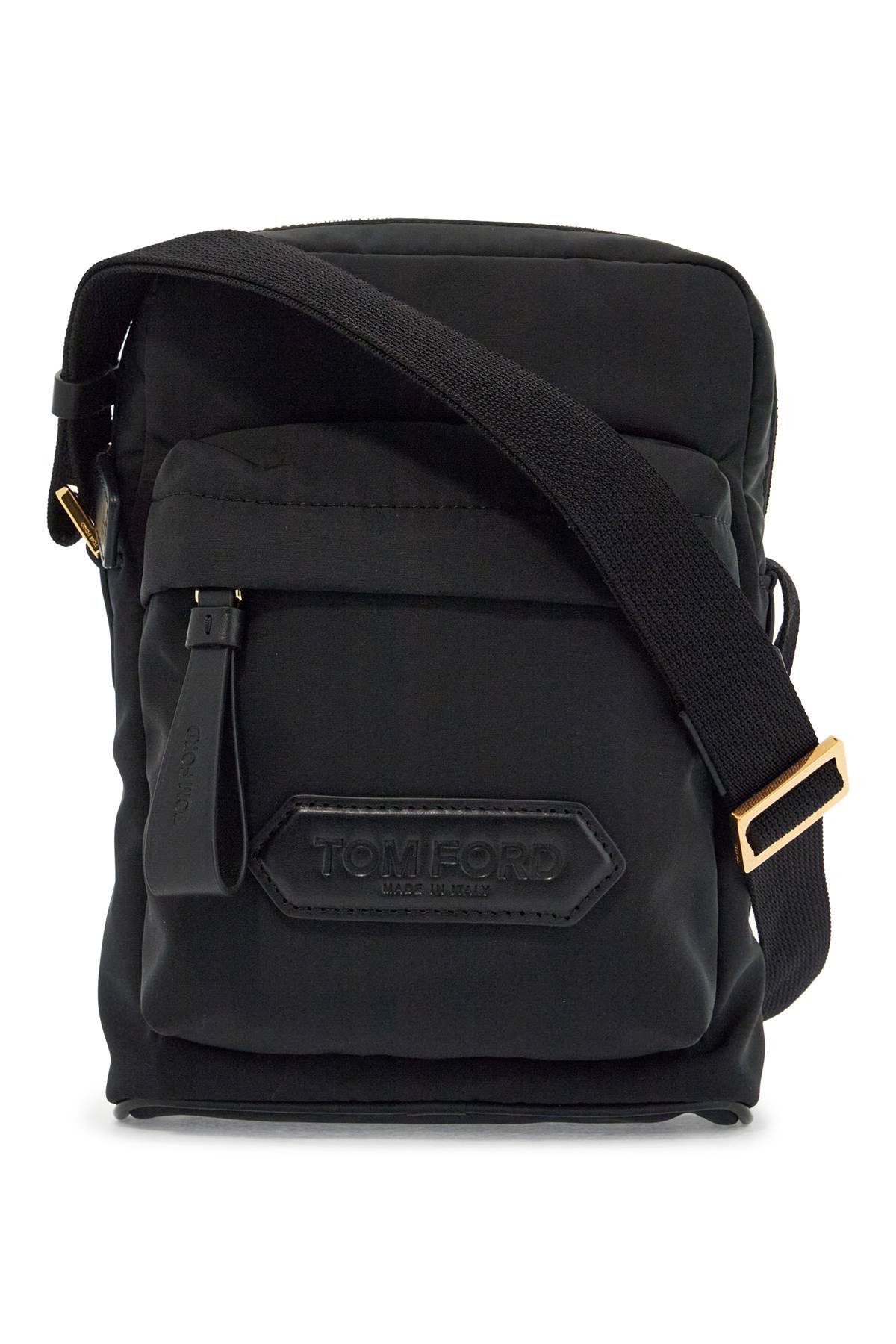 Tom Ford Elegant Black Leather And Polyester Messenger Bag With Adjustable Shoulder Strap