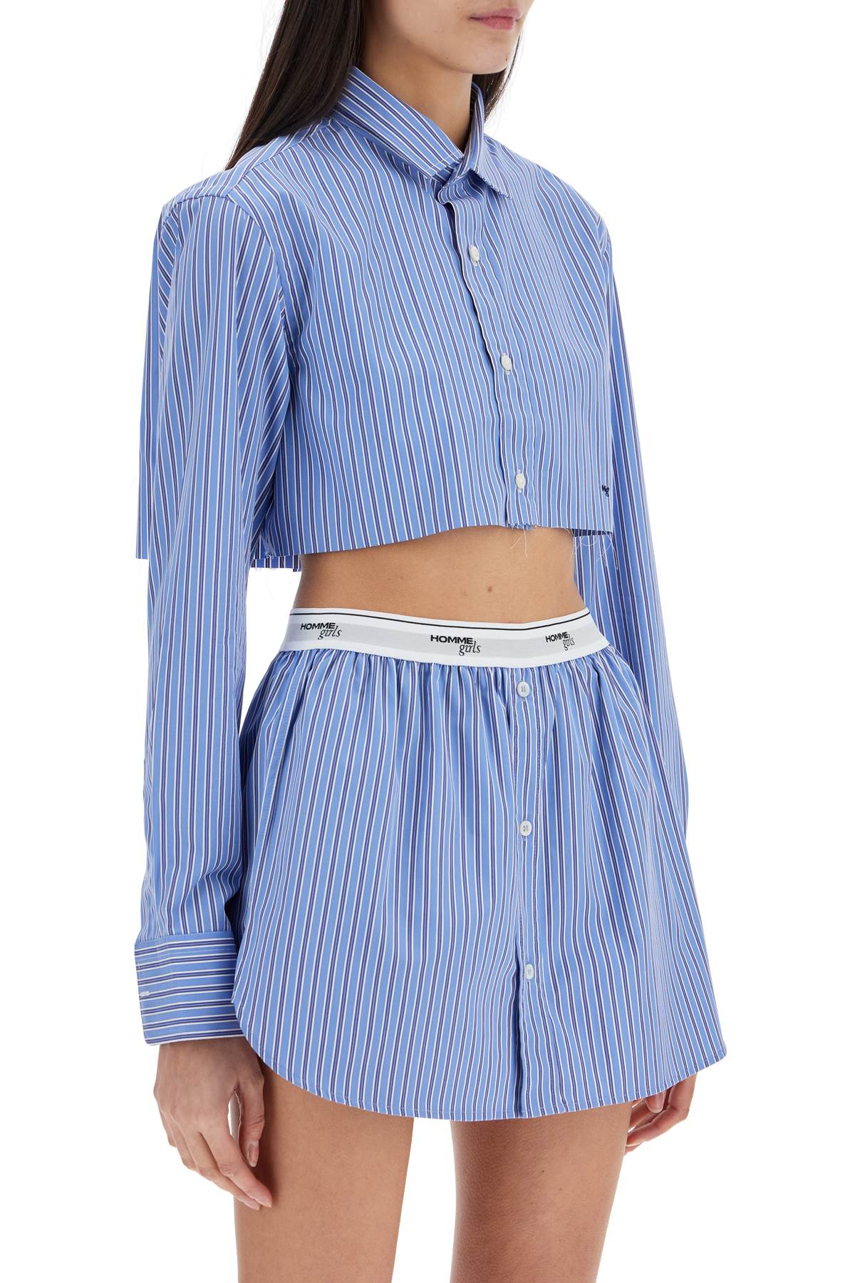 Homme Girls Super Cropped Blue Striped Cotton Shirt