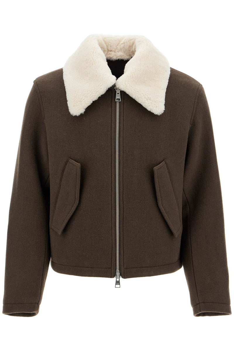 AMI Paris Boxy Shearling Jacket With Collar Brown